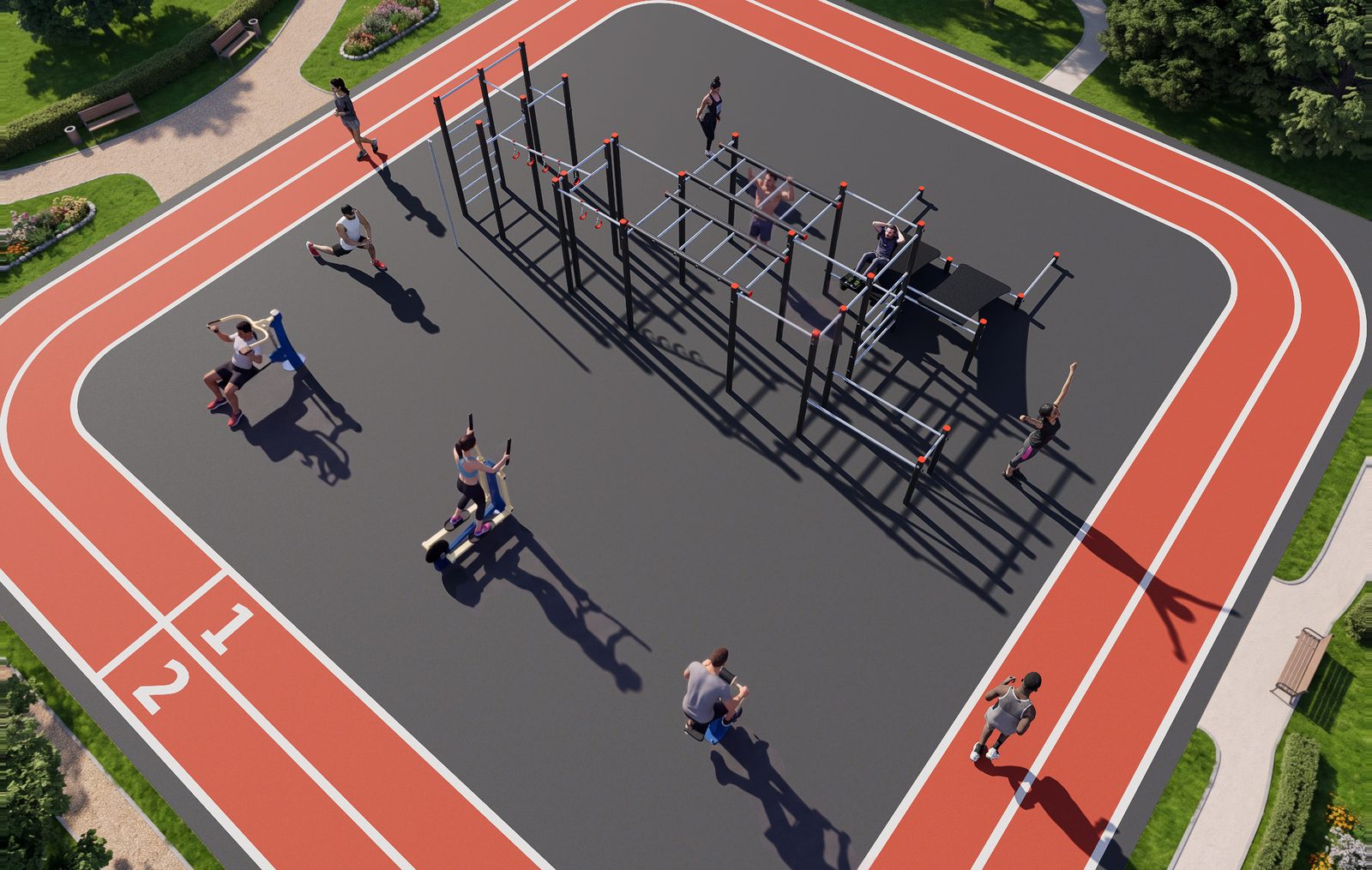 Ellittica, bench press e fitness bike sulla pavimentazione colorata