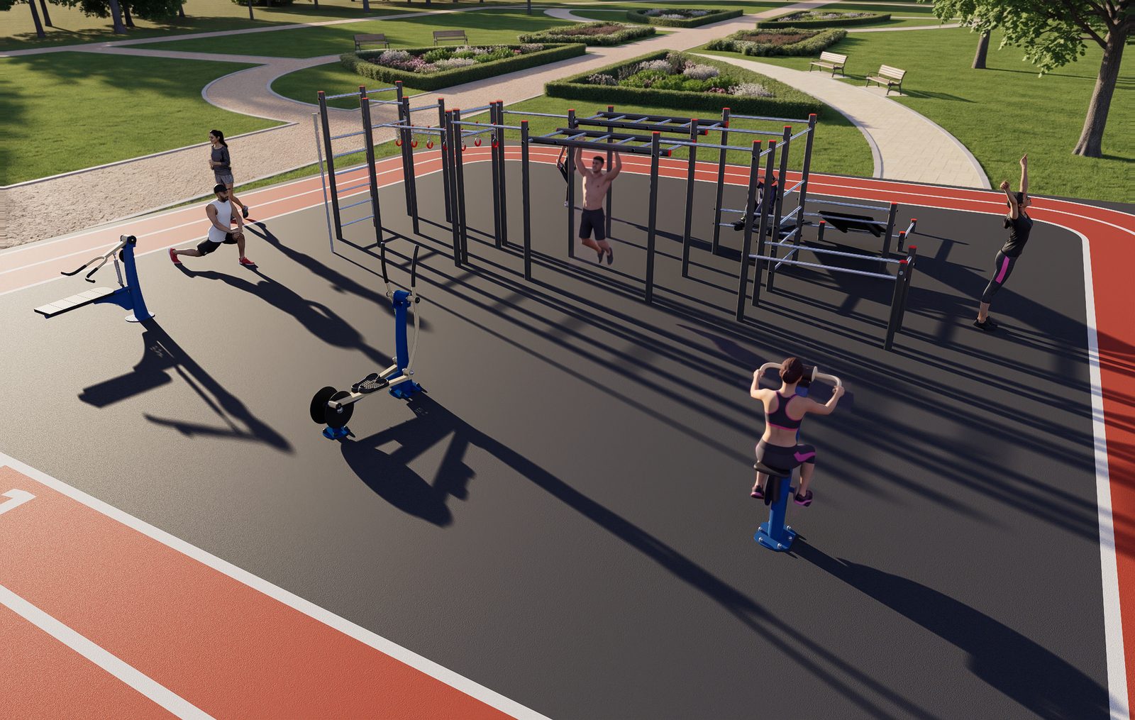 Vista aerea del parco fitness con stazione ARES, tre attrezzi e pista a due corsie